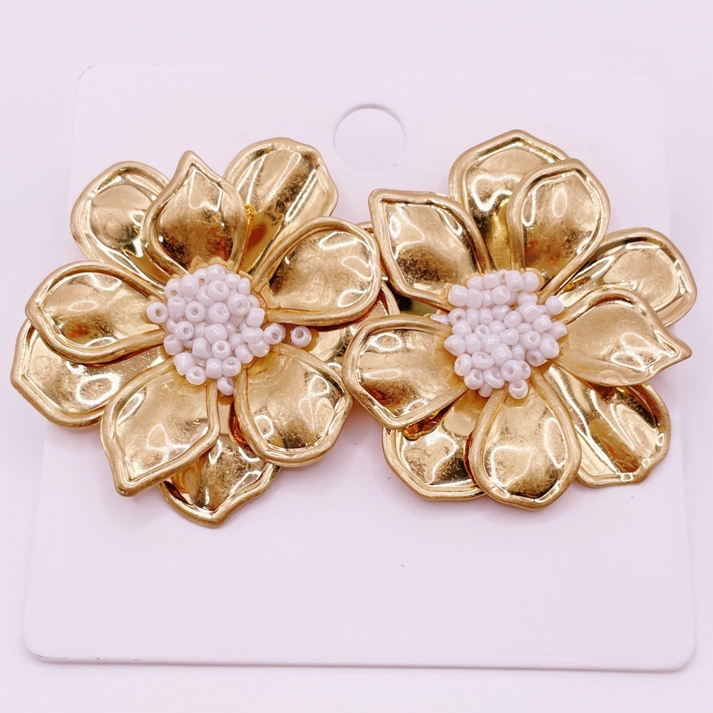Gold Flower Earrings with White Bead Center